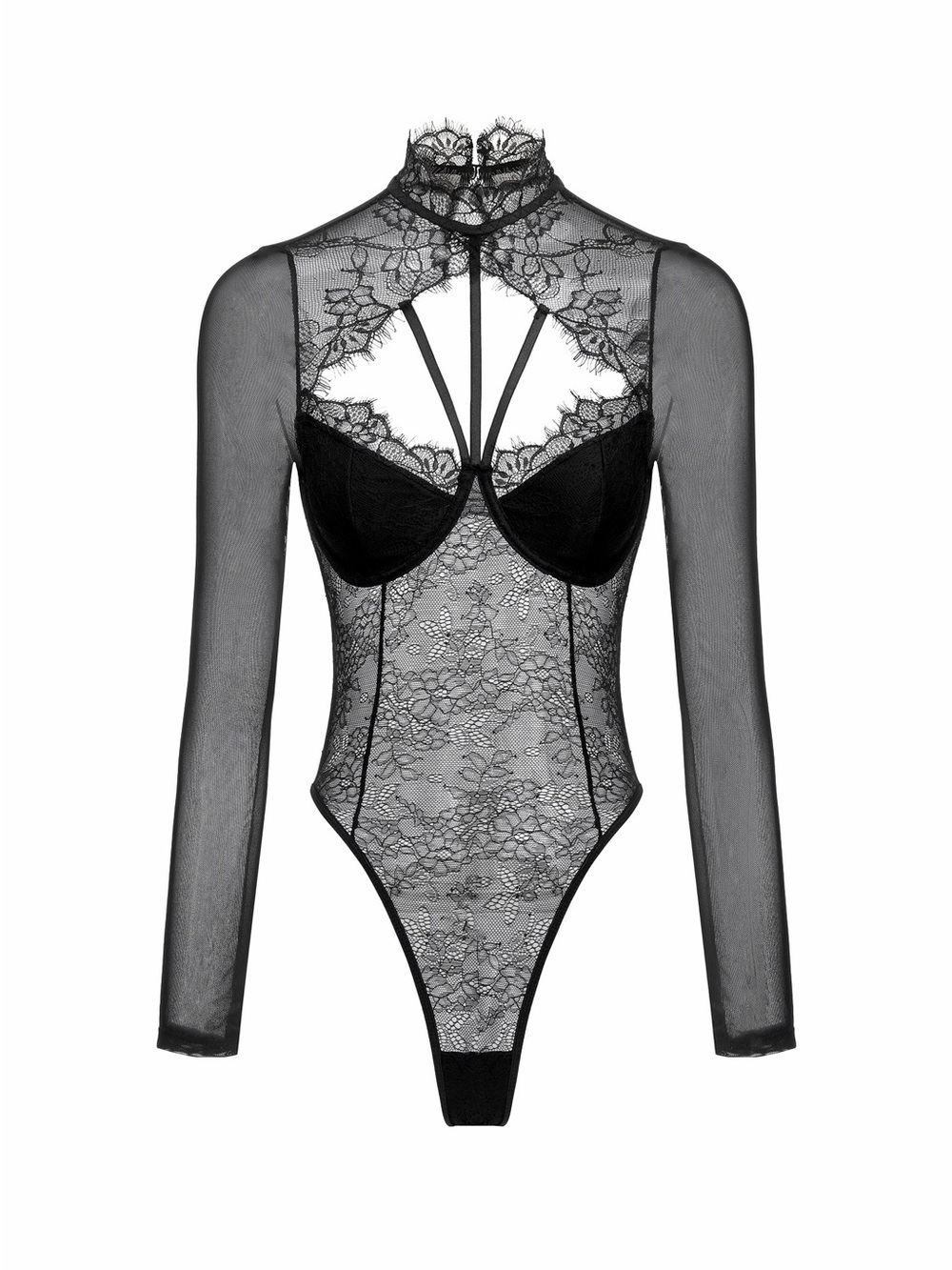 Sheer Black Lace High-Neck Long-Sleeve Bodysuit